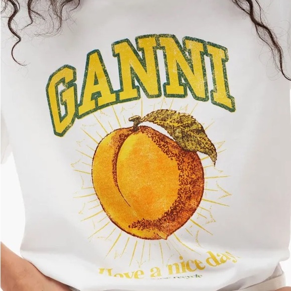 Ganni Tops - Ganni White T-Shirt | Size S | Peach Graphic Detail